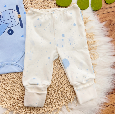 CONJ. DE MALHA 3 PEÇAS - Ursinho Aviador - Off White e Azul Claro